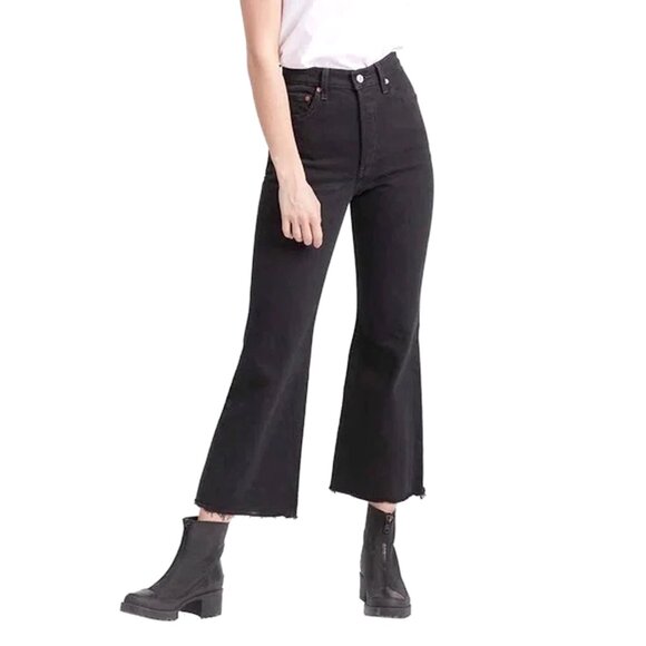 Levi’s Premium Rib Cage Crop Flare Jeans, Distressed Black, sz 26 - Picture 1 of 9